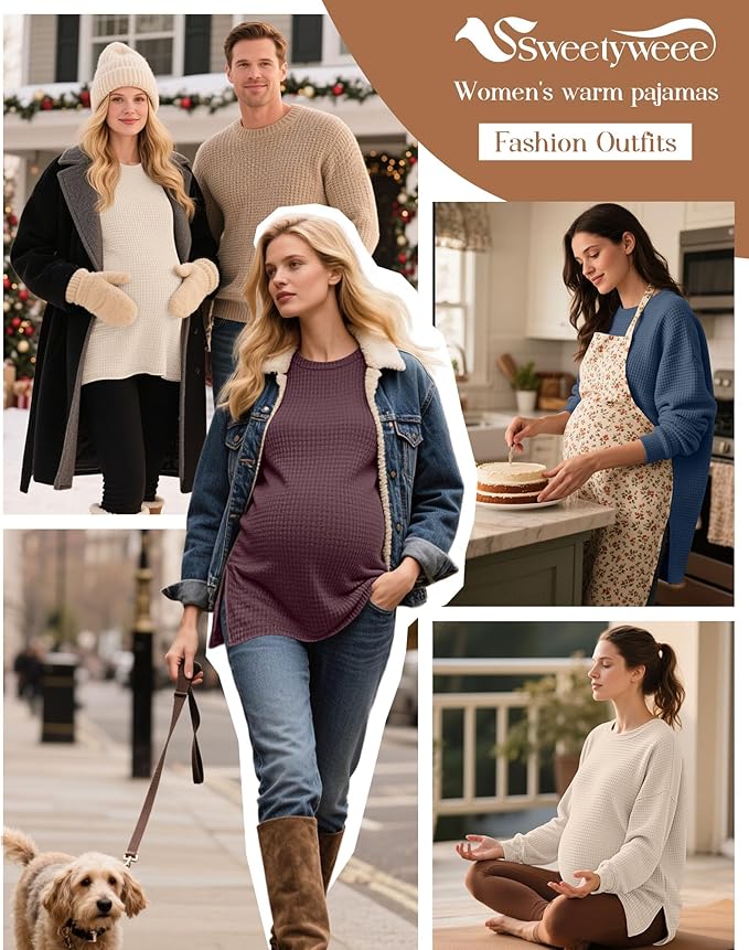 3 Pack Women's Maternity Shirts Long Sleeve Waffle Knit Side Split Oversized Tops Pregnancy Clothes Fall Tees
