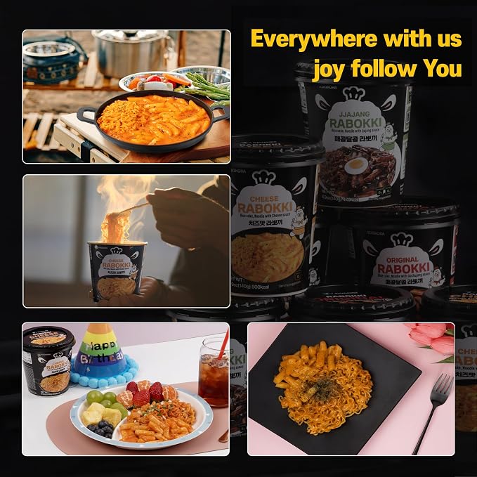 KINIKORA Korean Instant Rabokki Cup Variety Pack – Original & Cheese Flavors, 4 Cups Total (2x Original + 2x Cheese) – Quick Korean Ramen & Rice Cake Meal, Ready in 3 Min