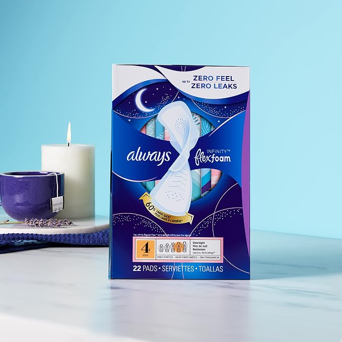 Always, Infinity with FlexFoam Pads for Women, Size 4, Overnight Absorbency with Wings, 26 Count (Pack of 2)