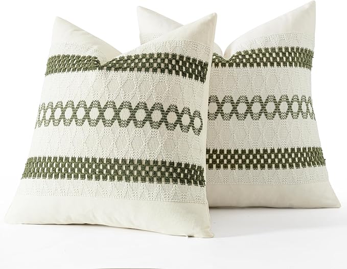 MIULEE Set of 2 Moss Green Boho Decorative Pillow Covers 20x20 Inch | Farmhouse Couch Throw Pillows, Modern Cotton Cushion Covers, Macrame Woven Spring Decor for Bed Sofa Chair