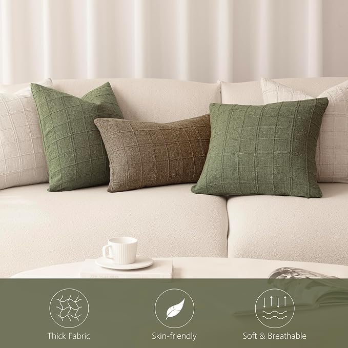 Foindtower Set of 2 Decorative Linen Check Throw Pillow Covers Neutral Farmhouse Vintage Cushion Covers Modern Boho Home Decor for Sofa Chair Couch Bedroom Living Room,18×18 Inch,Sage Green