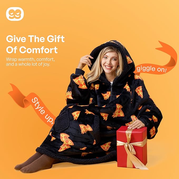 Giggling Getup Wearable Blanket Hoodie for Adults Gifts for Teen Girls Sister Women Sherpa Fleece Printed Hooded Blanket Sweatshirt Warm Cozy with Pocket & Sleeves Black Pizza