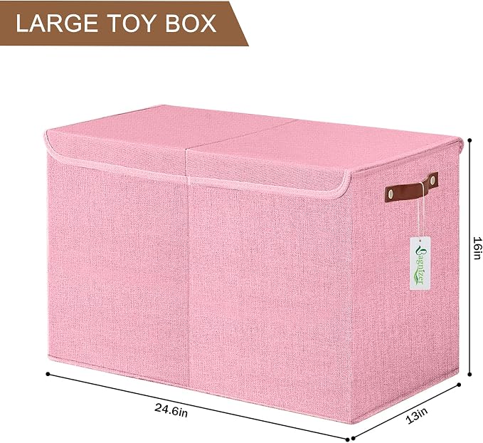 Large Toy Storage Box with Lids, Collapsible Sturdy Baby Storage Organizer Chest Bin Basket for Kids, Boys, Girls, Playroom, Nursery, Bedroom, Closet 25"x13"x16" (Pink)