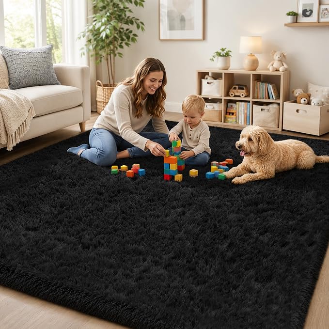 Area Rug for Living Room Bedroom: 4x6 Black Soft Fluffy Shag Upgrade Non-Slip High Pile Carpet Large Fuzzy Plush Indoor Floor Decor Shaggy Rug for Kid Boys Girls Dorms Playroom Nursery Modern Home