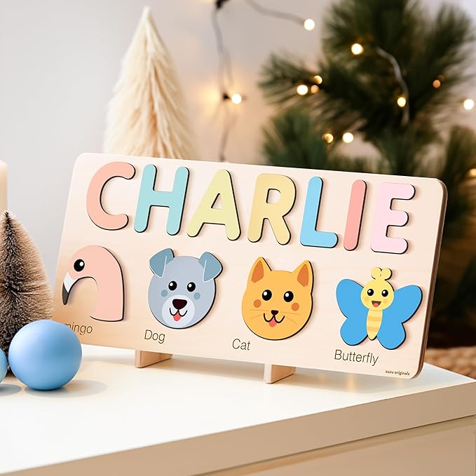 | Personalized Name Puzzle Set | Includes Wooden Puzzle, Optional Engraved Message, Stand & Premium Gift Package | Handmade, Educational Baby Gift (Ages 0–3)