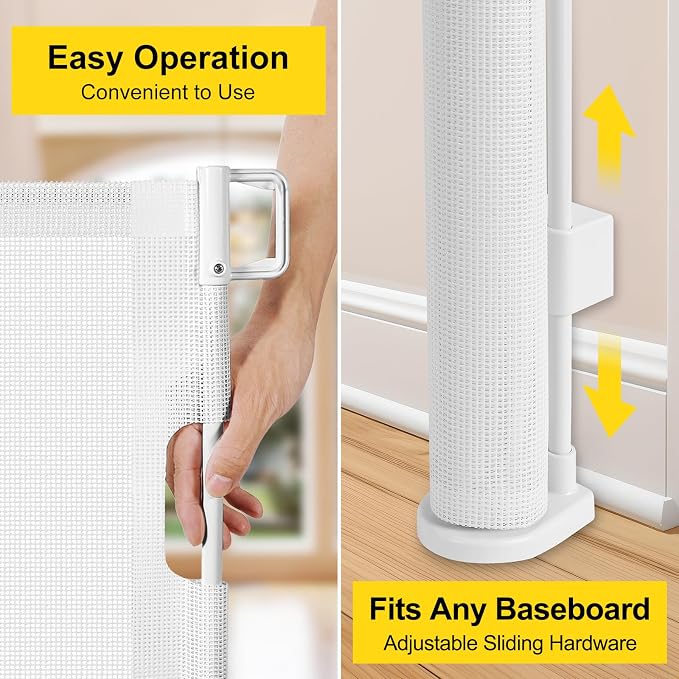 Reinforced 42” Tall x 130” Extra Wide Retractable Baby Gate for Large Openings Extra Tall Dog Gate with Rods to Prevent Crawling Through, Extra Long Mesh Pet Gate for Doorways, White