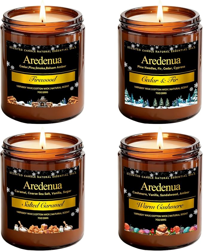 Winter Candles Set | 4 Pack Holiday Scented Candles - Cozy Winter Soy Candle Scents of Warm Cashmere/Firewood/Cedar & Fir/Salted Caramel - Christmas Candle Gifts for Women Men, Holiday Home Dรฉcor