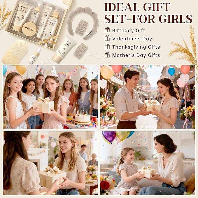 11PCS Rice Skincare Set, Korean Skin Care Set for Women Teens Girls, Rice Cleanser Toner Dual Serum Face Cream Eye Cream Sunscreen with Ice Roller Headband Wristband, Hydrating Daily Face Care Kit