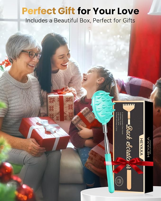 HEYAXA Telescoping Back Scratcher with 5 Detachable Heads,Dad Gifts for Men and Women, Practical Gifts for Father, Dad, Adults with Gift Box, Green