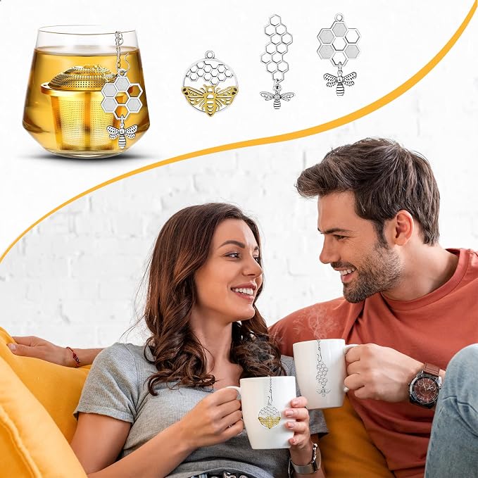 3 Sets Tea Infusers Steeper for Loose Leaf Tea Holder Stainless Steel Tea Ball Mesh Strainer Filters with Drip Trays and Pendant(Bee Style)