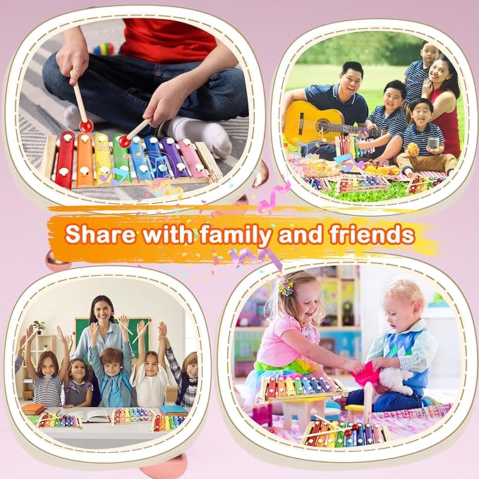 8 Sets Wood Xylophone for Kids Musical Toy Instrument with 16 Pcs Mallets Wooden Percussion Kit for Preschool Toddlers Educational Music Learning