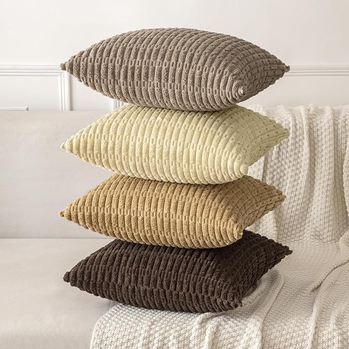 MIULEE Corduroy Decorative Throw Pillow Covers 18x18 Dark Brown Pack of 2 | Soft Boho Striped Pillow Covers Modern Farmhouse Fall Home Decor For Sofa Living Room Couch Bed