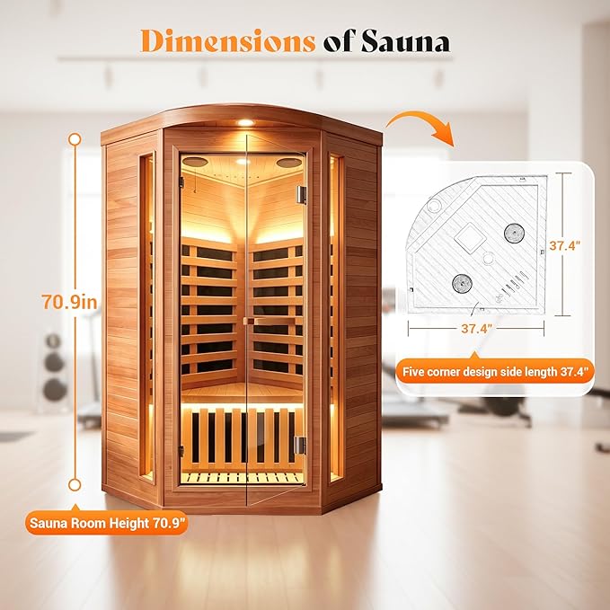 Sauna, Infrared Sauna for Home Far Infrared Saunas Room Corner Sauna for 1 Person Low-EMF Wood Dry Sauna with Speakers Oxygen Bar 7 Color Light 1300W Fast Heating Easy Assembly 37.4x37.4x70.9