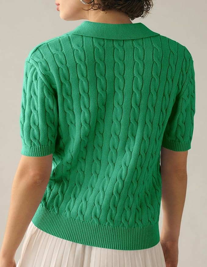 Imily Bela Womens Cable Short Sleeve Sweaters Tops Lapel V Neck Knit Shirt | Solid,Knit Casual,Soft Pullover,Fall Sweaters,Womens Summer Work Tops