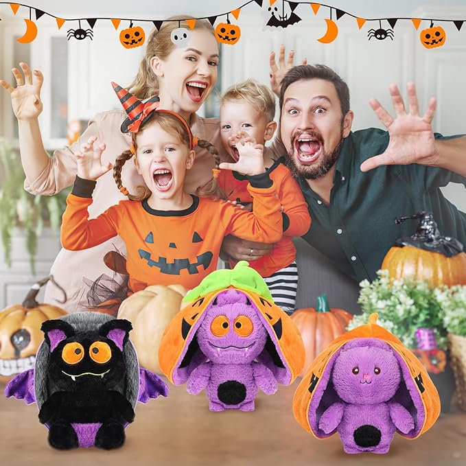 MIAODAM Halloween Bat Stuffed Animal, 11inch Reversible Halloween Pumpkin Bat Plush Pillow, Cute Plushies Toy Gift for Baby Toddler Girls Boys