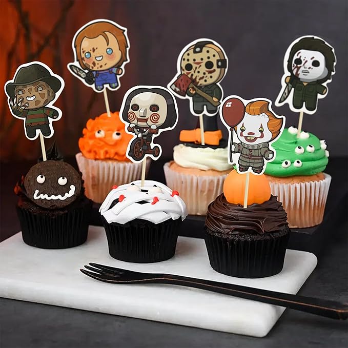 Gyufise 36Pcs Horror Movie Cupcake Toppers Horror Movie Halloween Cupcake Picks Halloween Birthday Cake Decorations for Baby Shower Birthday Party Supplies