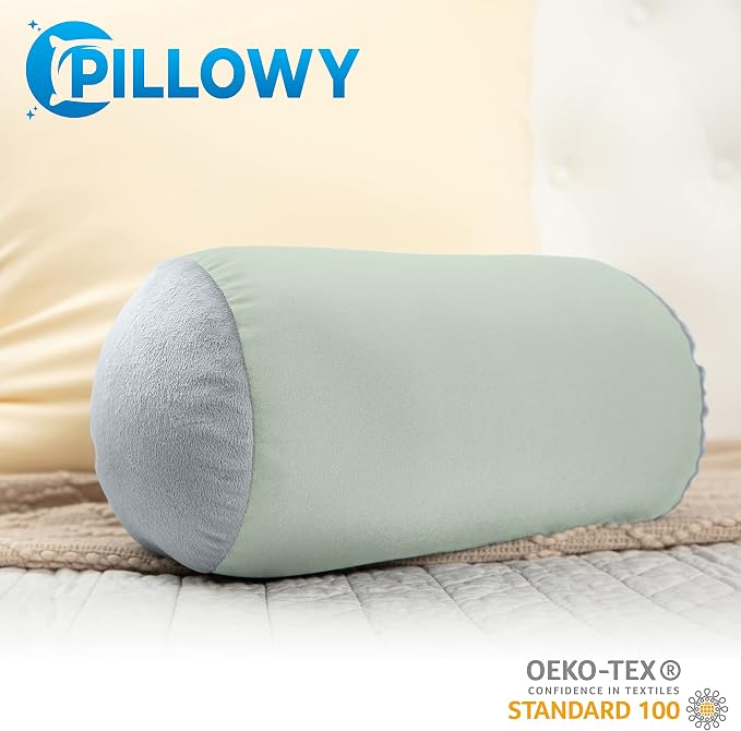 PILLOWY Microbead Bolster Neck Roll Pillow, Gently On Body, Head, Neck & Shoulders No Pain Rest, Relax Sleep - Silky Feel Prevent Wrinkles & Hair Breakage - Lightweight Cylinder, 14" x 8", Mint Grey