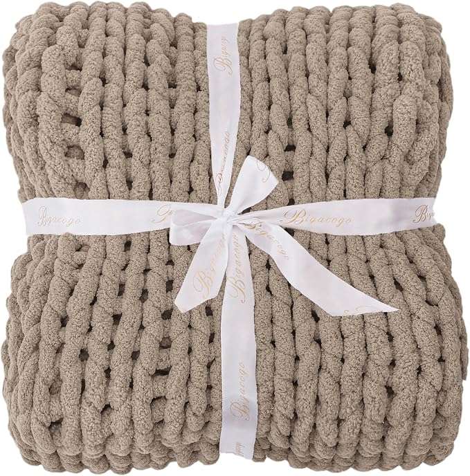 Bigacogo Chunky Knit Throw Blanket for Couch, 80x90 inches, Taupe | Hand Knit with Jumbo Chenille, Soft Breathable Cable Knit for Sofa Bed Living Room, Machine Washable, Gift for Mom Friend