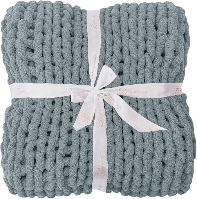 Bigacogo Chunky Knit Throw Blanket for Couch, 40x40 inches, Dusty Blue | Hand Knit with Jumbo Chenille, Soft Breathable Cable Knit for Sofa Bed Living Room, Machine Washable, Gift for Mom Friend