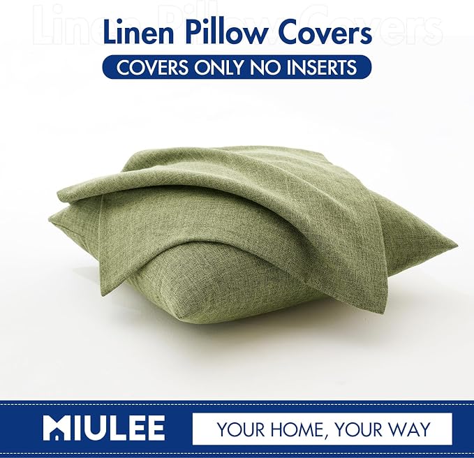 MIULEE Pack of 2 Decorative Linen Burlap Textured Pillow Covers Farmhouse Boho Accent Pillowcases Spring Home Decor for Couch Sofa Bedroom Living Room 18x18 Inch Light Olive Green