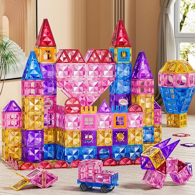 52 Pcs Magnetic Tiles for Kids Ages 4-8,Building Toys Magnetic Blocks for Kids Ages 4-8,Toddlers Educational Magnet Construction Set Magnets Tile,for 3 4 5 6 7 8 Kid Christmas Birthday Gifts