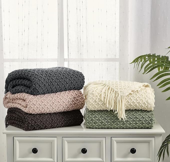 CREVENT Farmhouse Boho Knitted Throw Blanket for Couch Sofa Chair Bed Home Decoration, Soft Warm Cozy Light Weight for Spring Summer Fall (50''X60'' Dark Grey)
