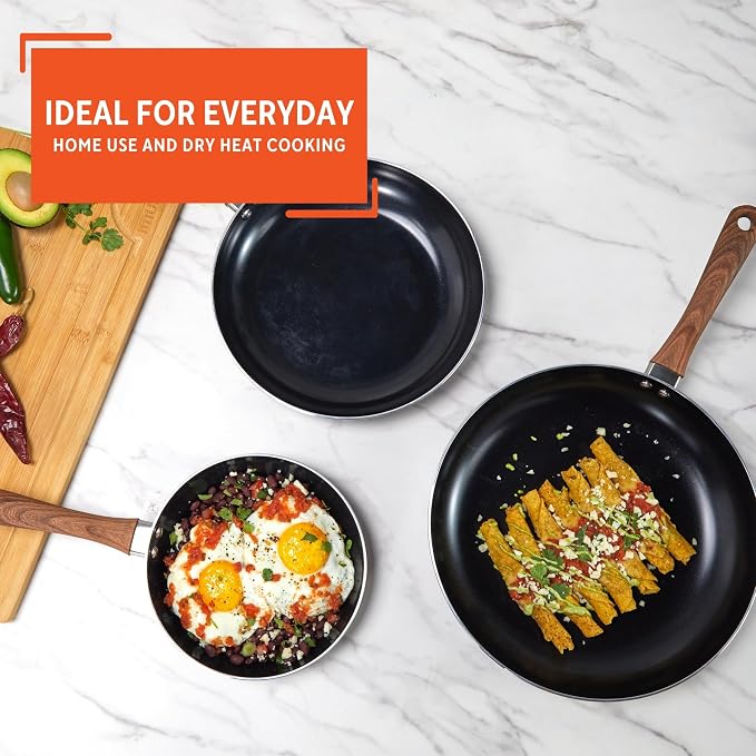 IMUSA 3 Piece 7, 9 & 11 Inch Talavera Aluminum Black Ceramic Fry Pan Set | Nonstick Ceramic Coating, Soft-Touch Handles, Talavera Exterior Design, Ideal for Frying and Sautéing