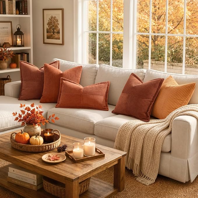 MIULEE Fall Burnt Orange Decorative Throw Pillow Covers for Couch 12x12 in | 2 Pack, Terracotta Boho Broadside Striped Patchwork Pillow Covers, Soft Corduroy Cushion Cases, For Sofa Bed Livingroom