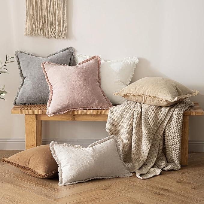 MIULEE Boho Linen Fringe Decorative Throw Pillow Covers Light Pink 18x18 | Set of 2, Cottagecore Decor, Boho Farmhouse Neutral Pillow Covers, Rustic Couch Cushion Cases for Sofa Bed Living Room