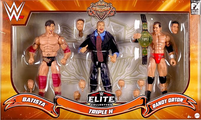 Mattel WWE Elite Evolution 3-Pack Action Figures & Accessories Sets, 6-inch Collectibles with Swappable Parts, Includes Triple H, Randy Orton & Batista