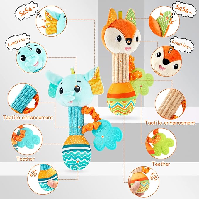 Baby Rattles 0-6 Months,Baby Soft Rattles Shaker,Hand Grab Sensory Shaker,Teething Toys for Babies 6-12 months,Sensory Plush Animal Toys For 0 3 6 9 12 Months Newborn Toys, 2PCS