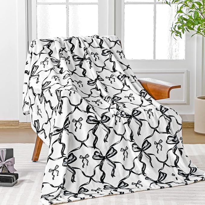 Black Bow Throw Blanket 50"x60" Soft Flannel for Girls Women | Coquette Aesthetic Decor with Ruffled Edges, Ultra Plush Bed Sofa Blanket, Preppy Gift for Teens, Back to School Dorm Room