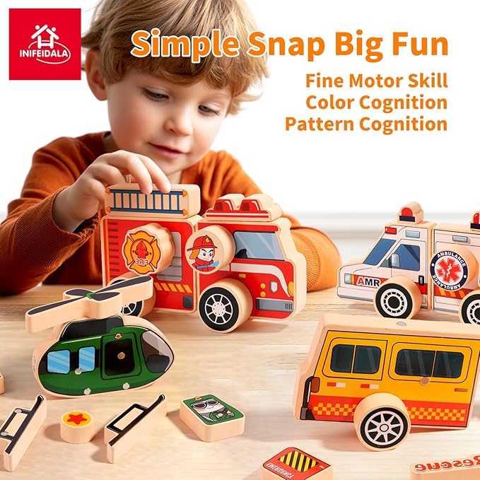 Emergency Vehicle Building Toys,Rescue Squad Wooden Magnetic Connection Building Blocks for Kids 3-8, Montessori Take Apart Toy - Fine Motor Building Toy Gift for 3 4 5 Years Old Kids