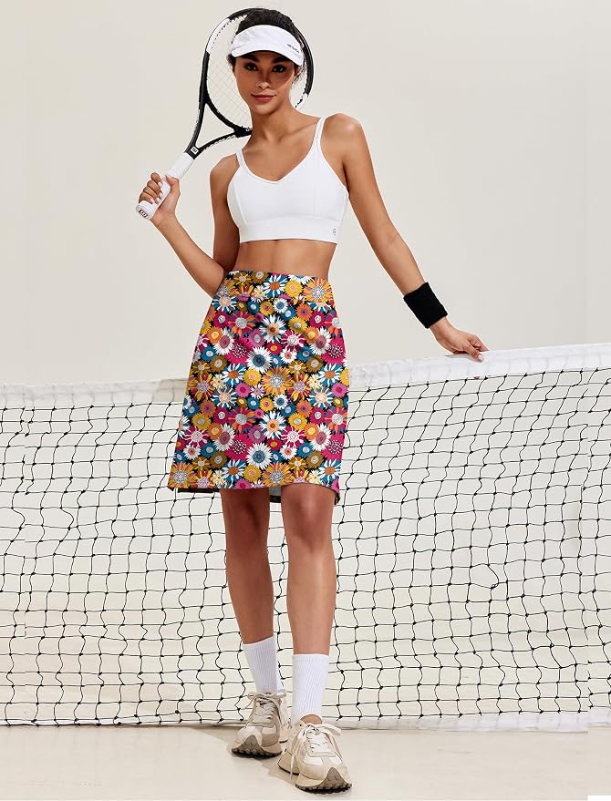COOrun Women's 20" Knee Length Skirts High Waisted Golf Skorts with Pockets | Soft, Quick Dry, Split Hem, Built-in Shorts, A-line, Modest Skirts, for Golf Athletic Tennis Work Casual