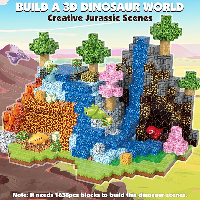 Magnetic Blocks Building Toys, 1" Light Up Dinosaur Building Blocks Magnet Cubes Tiles for Toddlers Boys Girls 3+, Build Jurrasic Scenes STEM Sensory Construction Toys