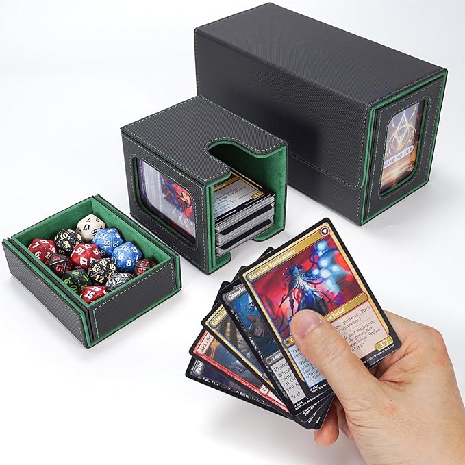 AFIING MTG Commander Card Storage Box - Fits 200 Double Sleeved Cards,3-in-1Card Deck Case,Strong Magnet Card Organizer For Magic Commander TCG CCG,4Dividers &2 Toploaders, Black/Green