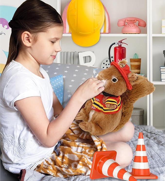 DolliBu Firefighter Dress Up with Holes in Helmet Set for Teddy Bear Plush Toy - Firefighter Hat and Stuffed Animal Clothes Set, Teddy Bear Costume Set with Fireman Helmet, Jacket and Pants - Small