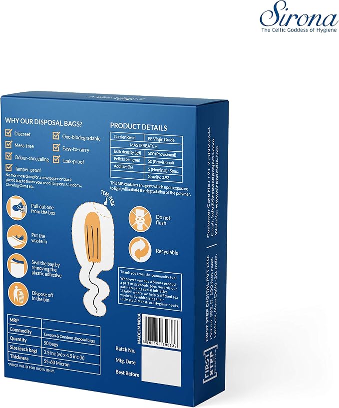 Sirona Condom and Tampon Disposal Bags - 50 Bags | for Discreet Disposal of Tampons and Condoms | Bathroom Trash Bag (Pack of 2))