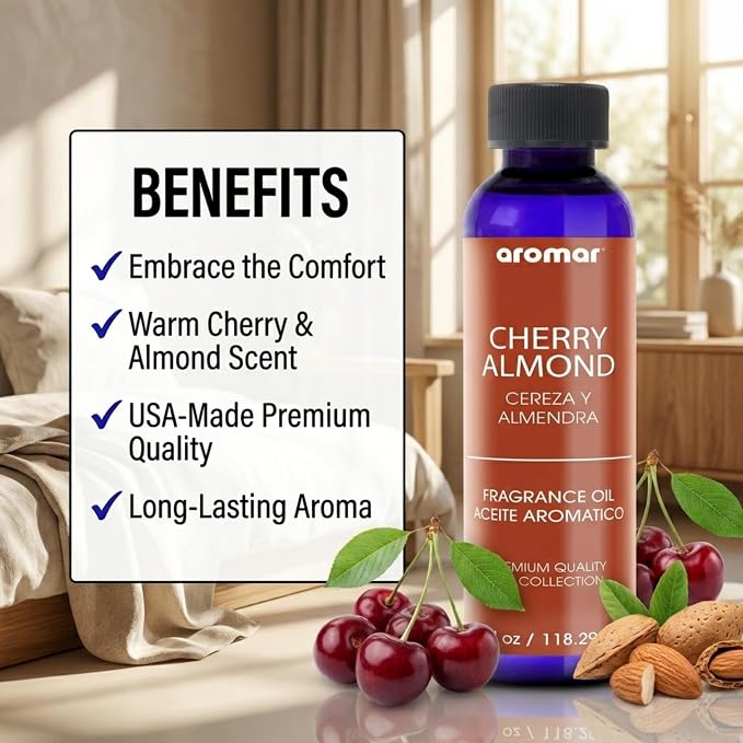 Aromar Premium Fragrance Oil, Long-Lasting, Refreshing Uplifting Aroma for Aromatherapy, Relaxation & Household Uses, Cherry Almond 4 oz.