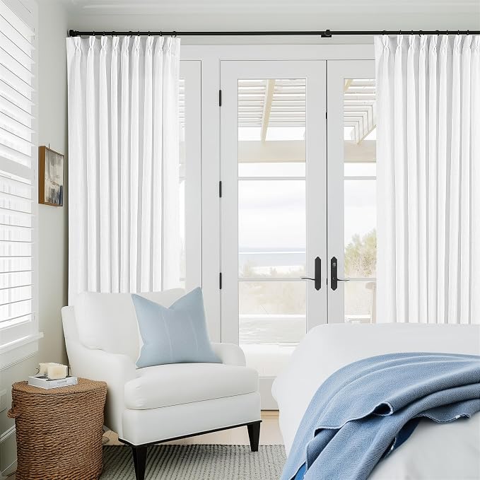 TWODRAPES 60 Inch Width Curtains 90 Inches Long Linen Curtains Pinch Pleated 90 Inch Length for Living Room Bedroom White Semi Sheer Back Tab Hooks Rings Pinch Pleat for Patio Glass Door 1 Panel