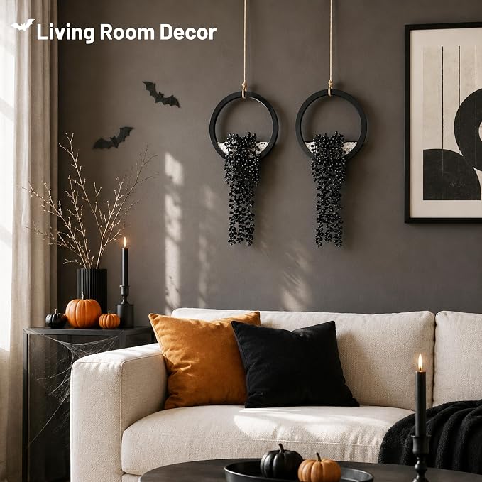 Der Rose 2 Pack Black Artificial Hanging Plants for Gothic Halloween Decor | Strongly festive atmosphere of Halloween,black hanging fake succulents,suitable for black wall decor,party decorations