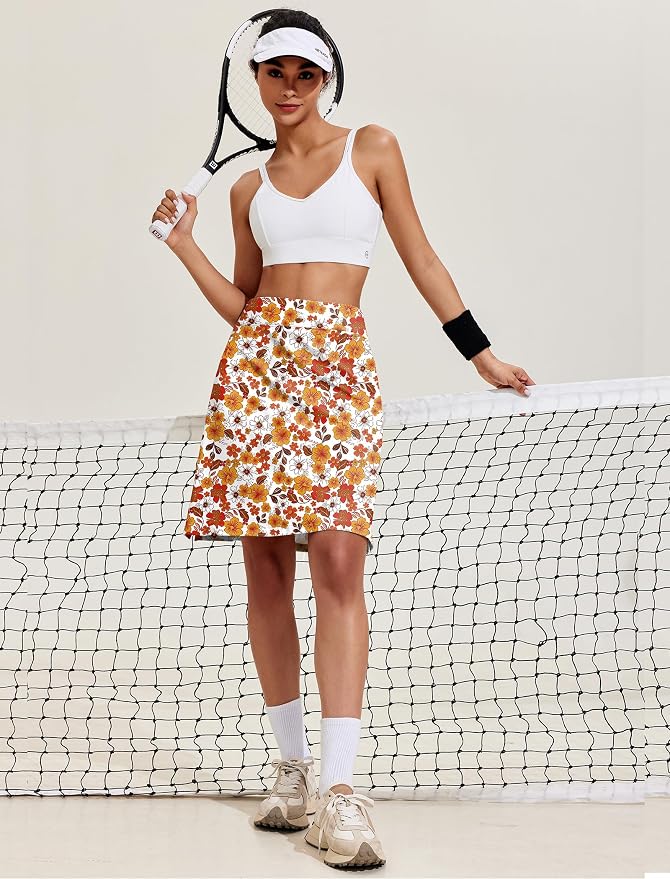 COOrun Women's 20" Knee Length Skirts High Waisted Golf Skorts with Pockets | Soft, Quick Dry, Split Hem, Built-in Shorts, A-line, Modest Skirts, for Golf Athletic Tennis Work Casual