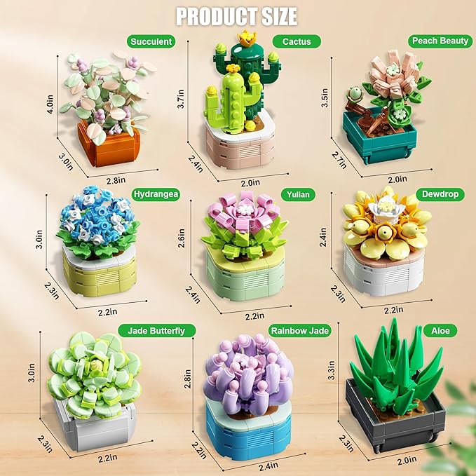 9 in 1 Tiny Flowers Succulents Artificial Plant Set-Creative Botanical Building Block Toy, Botanical Collection for Office&Home Decor, Birthday Gift for Adults and Kids 8-12(832 PCS)