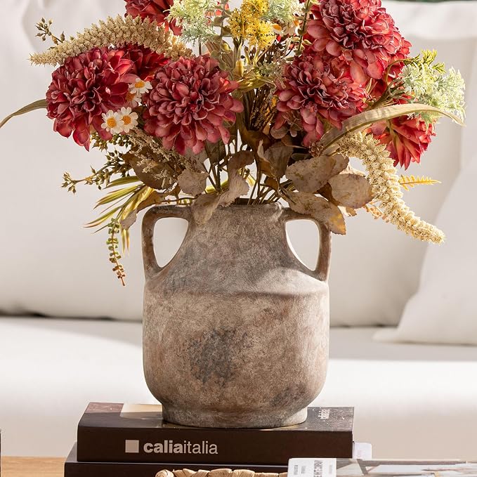 Mitt&Ditt Ceramic Flower Vase with Handles, 8 inch Tall Off-White Vase, Decorative Terracotta Vases, Farmhouse Rustic Pottery Vases for Home Decor, Living Room, Table