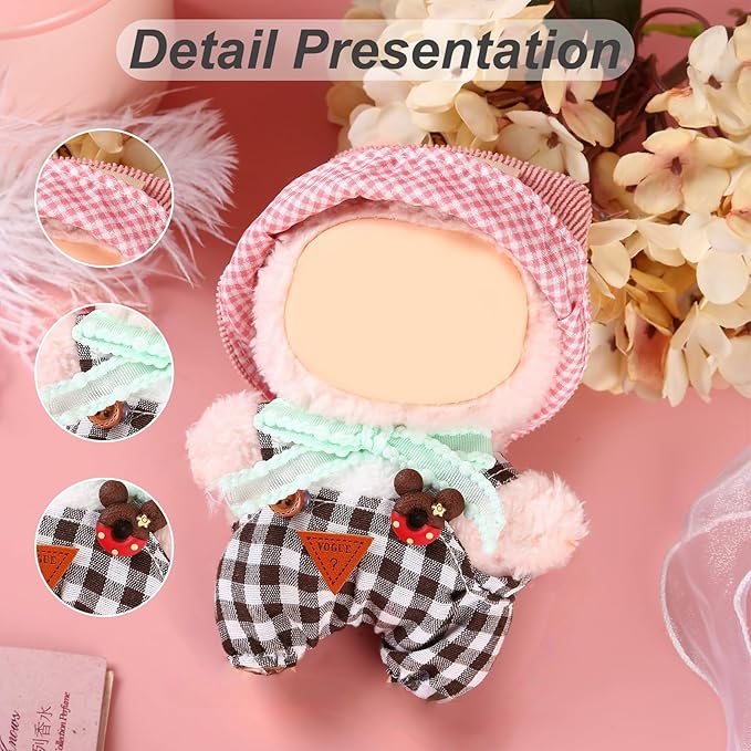 17cm Doll Clothes Set (No Doll) – Outfit with Hat & Overalls, Handmade Accessories for Mini Dolls, OB11-Compatible Dress-Up Gift (Pink Hat)