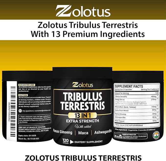 Zolotus 13in1 Tribulus Terrestris Capsules with Maca, Horny Goat Weed, Panax Ginseng, Saw Palmetto, Tongkat Ali, Shilajit & More - Energy, Stamina Supplement for Men & Women - 120 Counts
