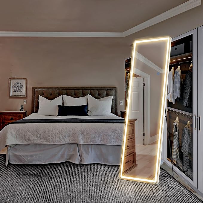OLIXIS LED Full Length Mirror with Lights, Full Body 21"x64" | Standing Lighted Floor, 3 Color Lighting, Wall Mounted Bedroom Bathroom Entryway, Tempered Glass