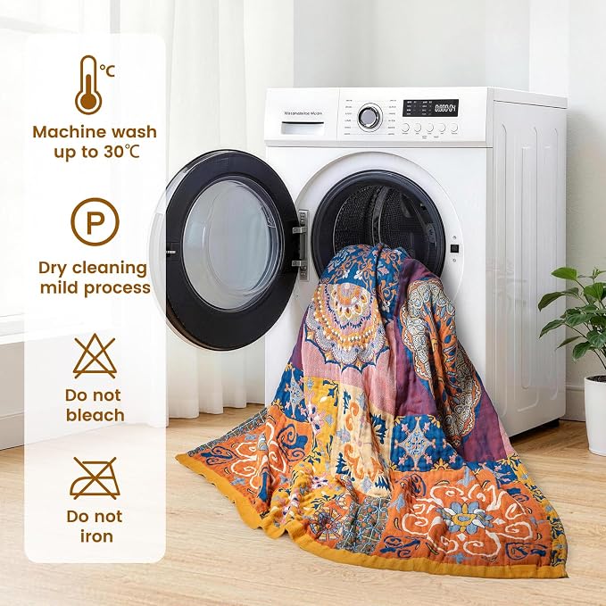 MSGKV Boho Throw Blanket 90"x90" Summer Cotton Queen Roman Blanket for Bed | Muslin Throw, Queen Size Blanket, Reversible Woven, Lightweight Comfort, Farmhouse Decor, All Seasons, Machine Washable
