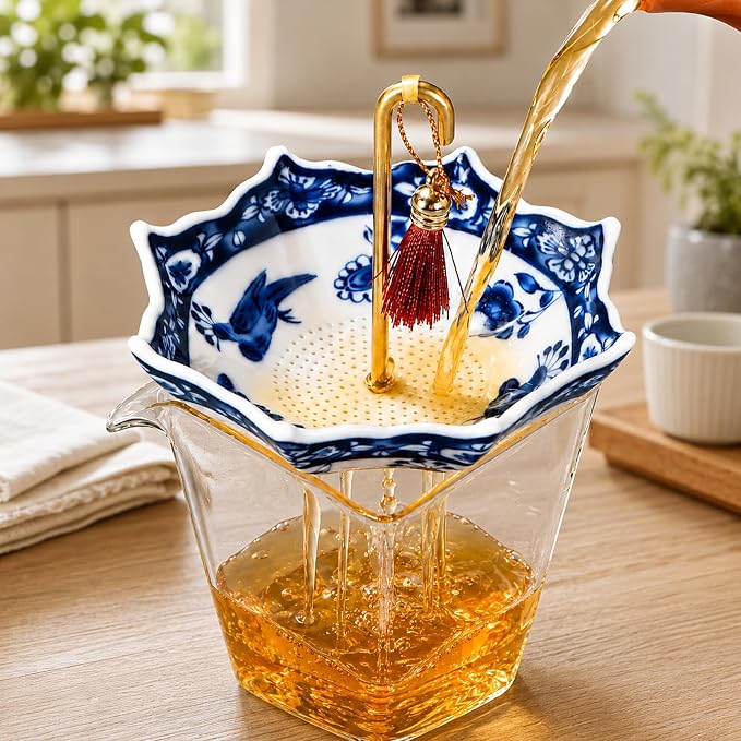 Umbrella Shape Ceramic Tea Strainer with 360ยฐ Rotating Drip Tray, Blue and White Porcelain Loose Leaf Tea Filter for 2.5-4 Inch Cups, Mugs and Teapots, Dishwasher Safe Reusable Tea Bag Alternative