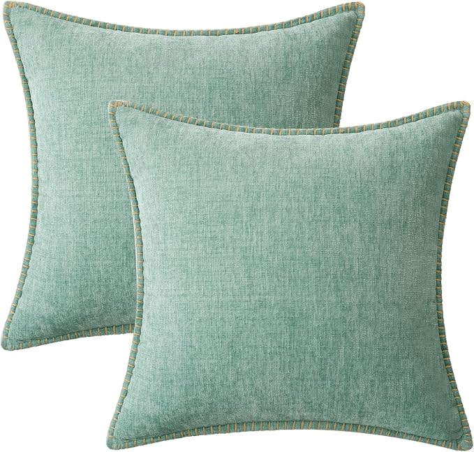 MIULEE Decorative Couch Throw Pillow Covers 20x20 Inch Aqua Green 2 Pack | Farmhouse Pillow Covers with Stitched Edge, Soft Chenille Cushion Cases, for Sofa Bed Living Room Home Decor